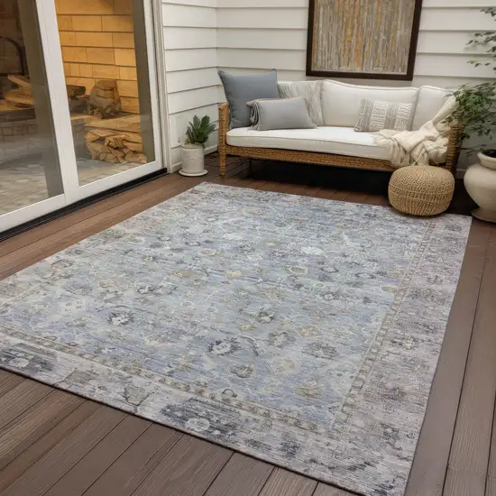 Sky Blue Brown And Ivory Oriental Washable Indoor Outdoor Area Rug Photo 5