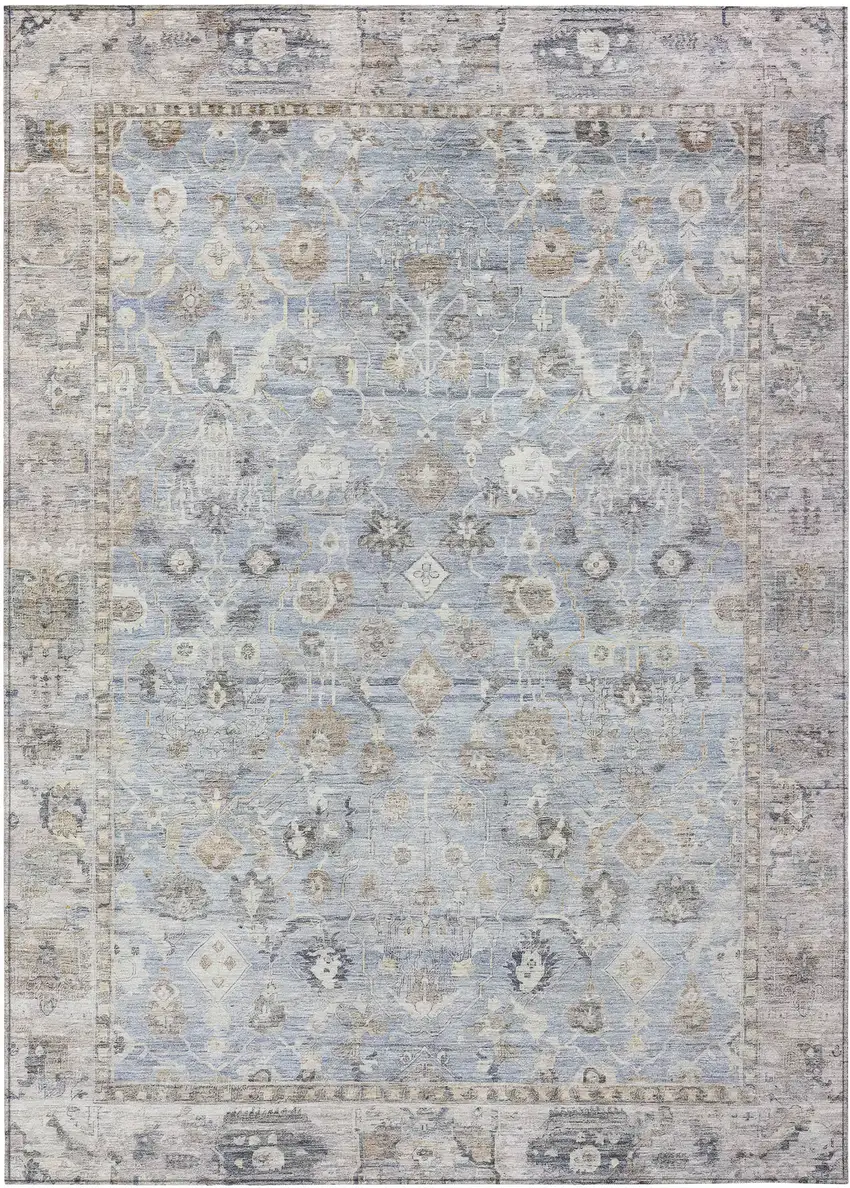 Sky Blue Brown And Ivory Oriental Washable Indoor Outdoor Area Rug Photo 1