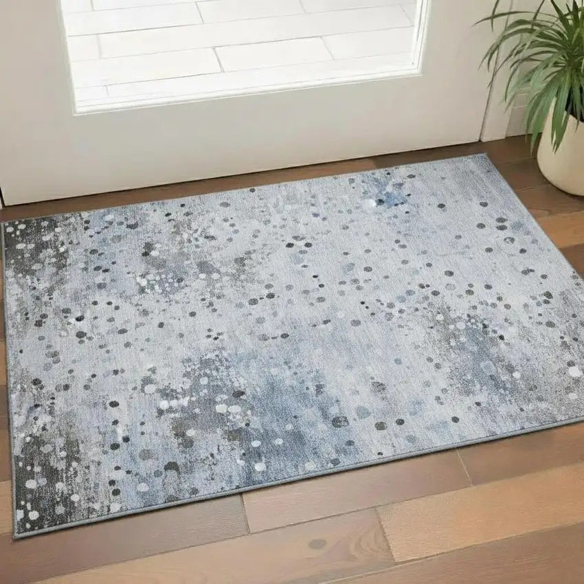 Sky Blue Charcoal And Ivory Abstract Washable Area Rug With UV Protection Photo 2