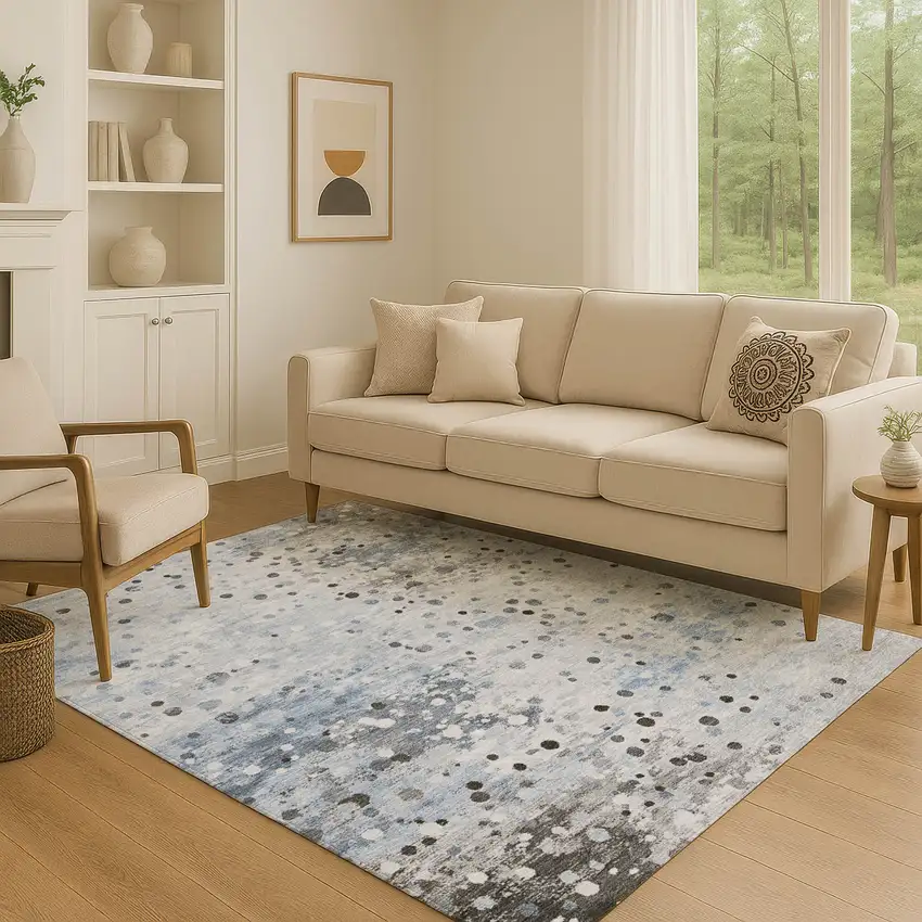 Sky Blue Charcoal And Ivory Abstract Washable Area Rug With UV Protection Photo 5