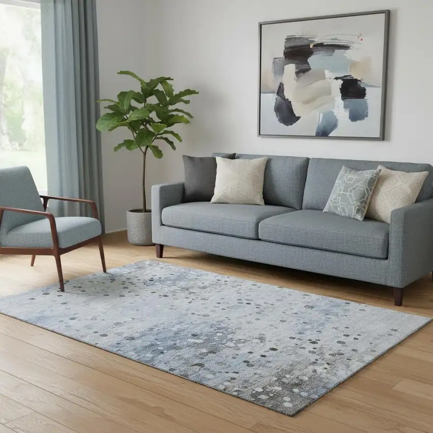 Sky Blue Charcoal And Ivory Abstract Washable Area Rug With UV Protection Photo 2