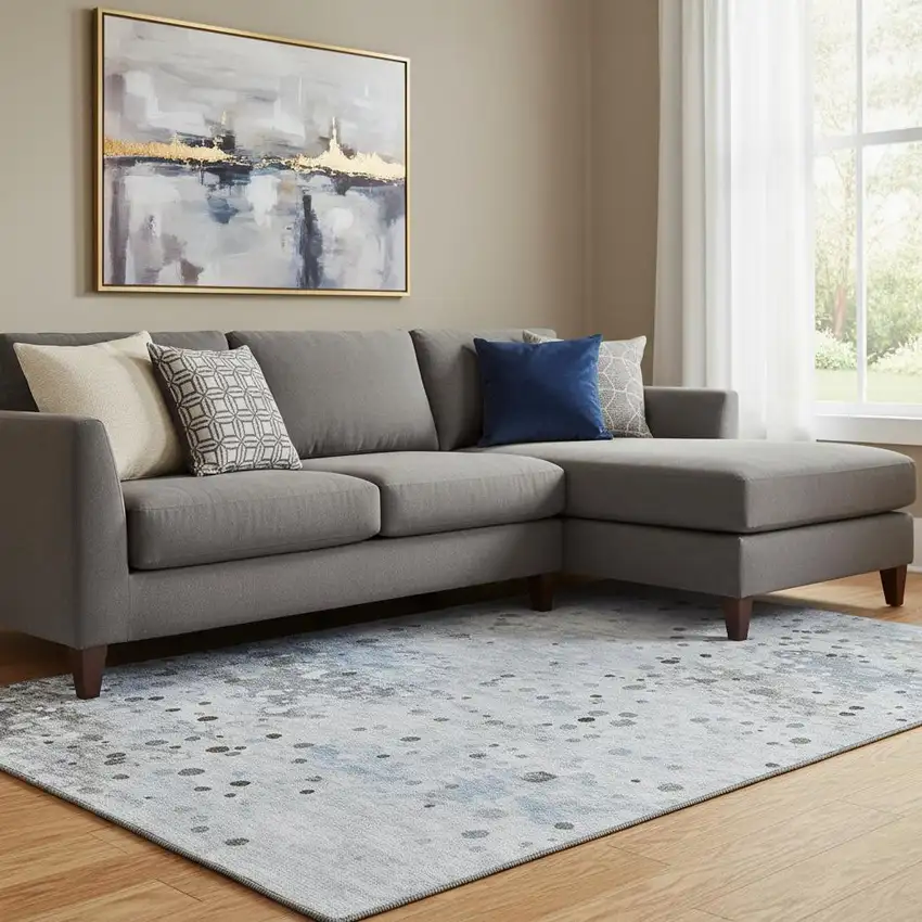 Sky Blue Charcoal And Ivory Abstract Washable Area Rug With UV Protection Photo 2