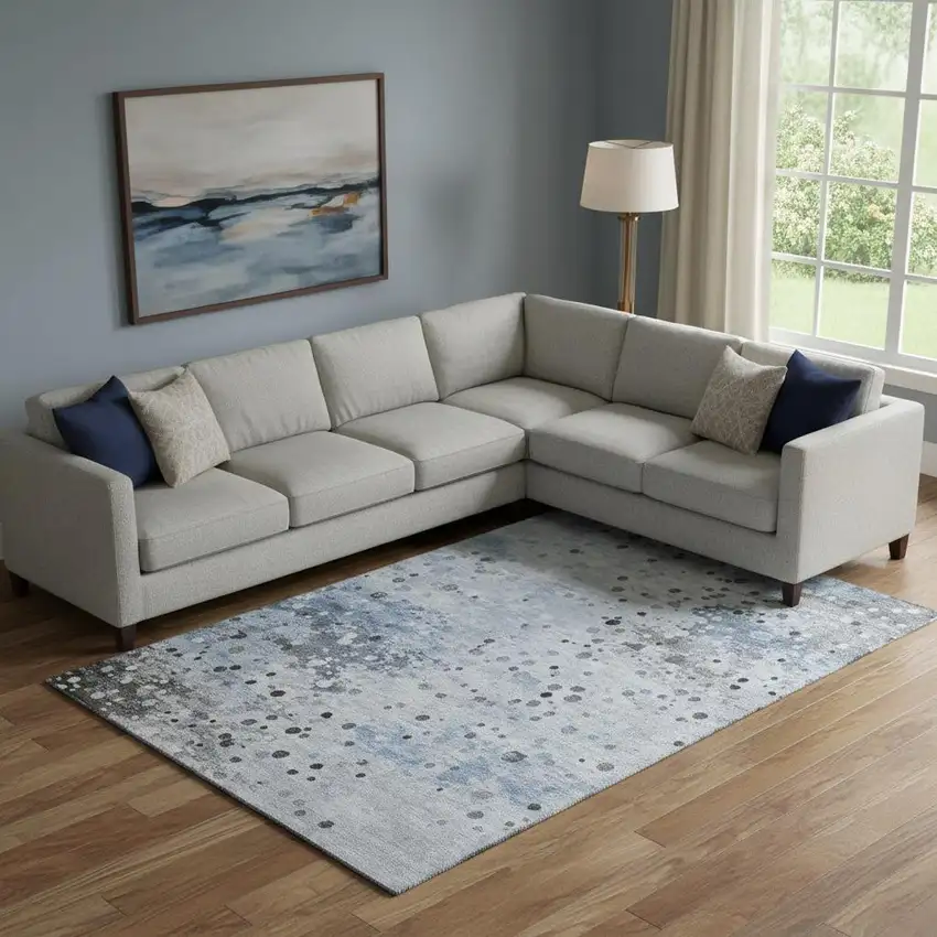 Sky Blue Charcoal And Ivory Abstract Washable Area Rug With UV Protection Photo 2