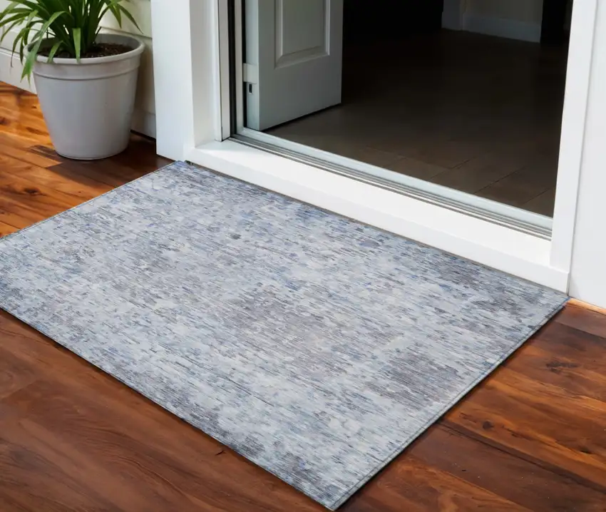 Sky Blue Charcoal And Ivory Abstract Washable Indoor Outdoor Area Rug Photo 1