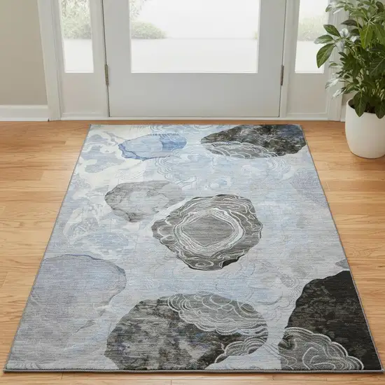 Sky Blue Charcoal And Ivory Geometric Washable Area Rug With UV Protection Photo 2