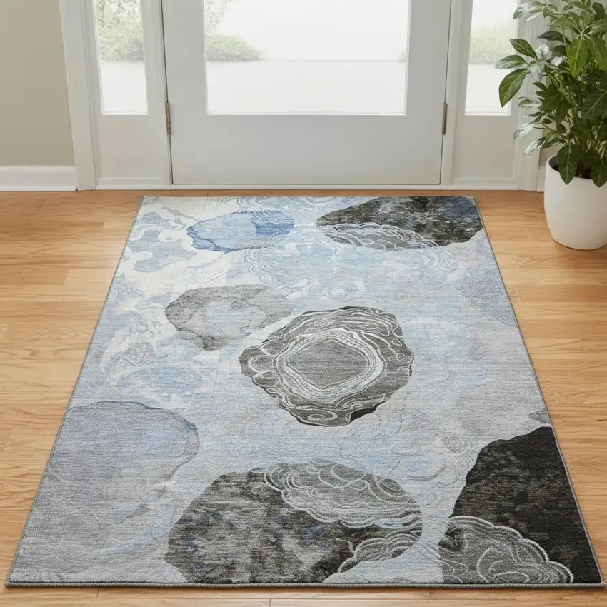 Sky Blue Charcoal And Ivory Geometric Washable Area Rug With UV Protection Photo 2