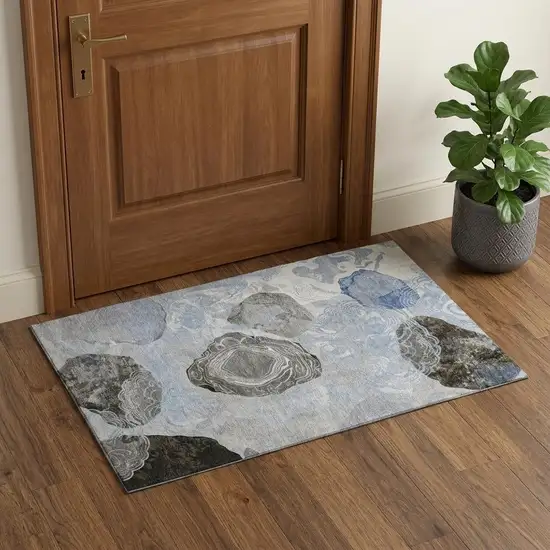 Sky Blue Charcoal And Ivory Geometric Washable Area Rug With UV Protection Photo 1