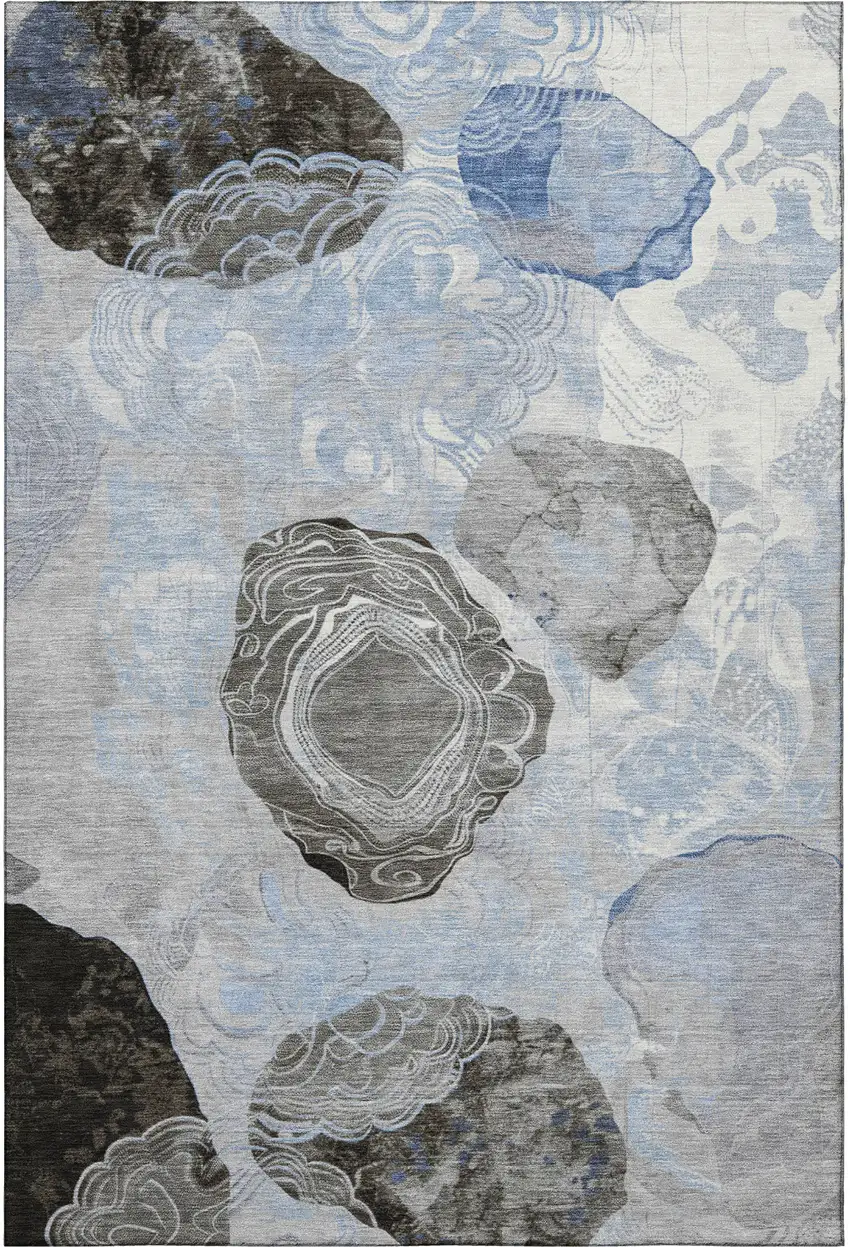 Sky Blue Charcoal And Ivory Geometric Washable Area Rug With UV Protection Photo 3