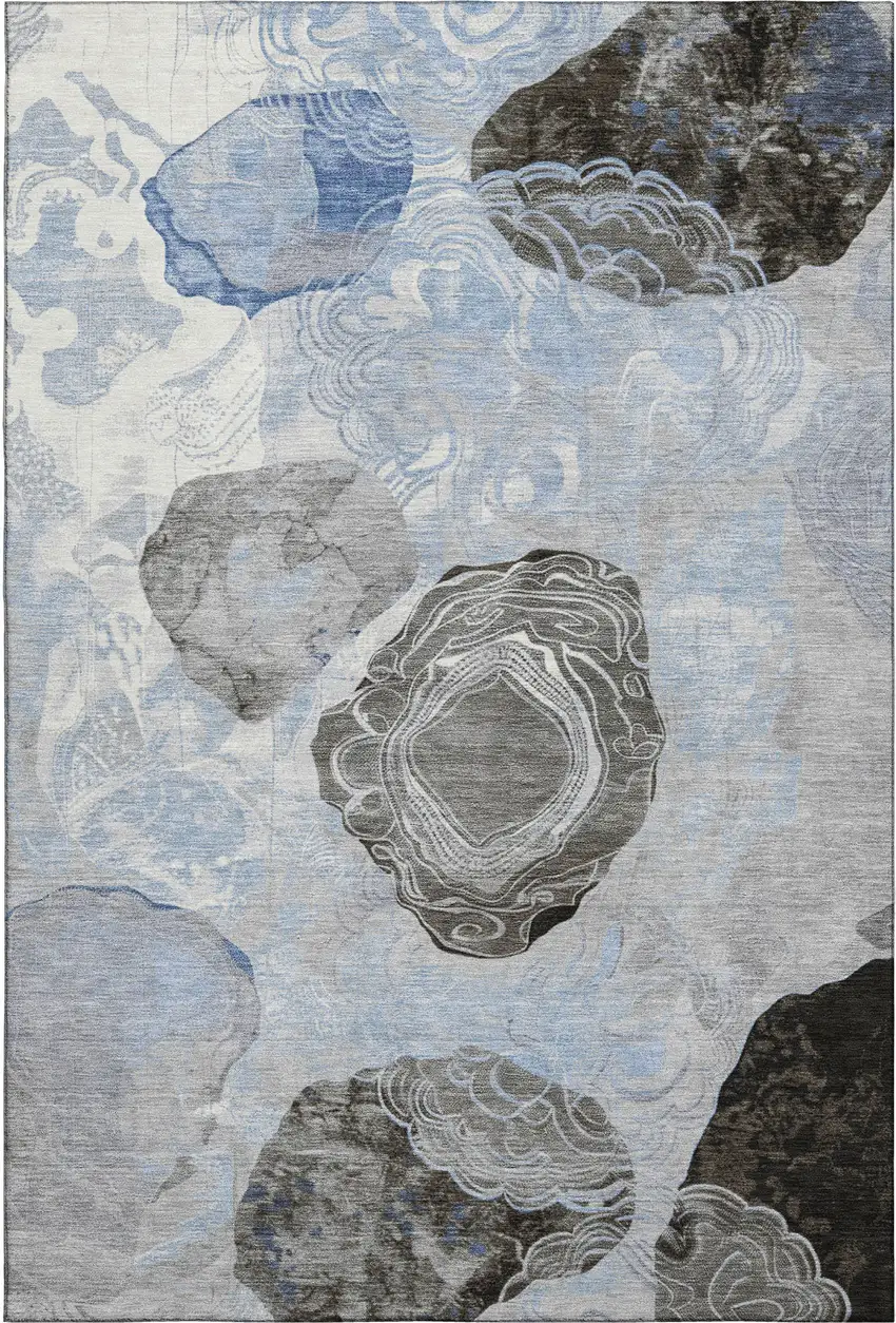 Sky Blue Charcoal And Ivory Geometric Washable Area Rug With UV Protection Photo 1