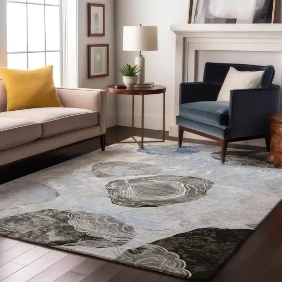 Sky Blue Charcoal And Ivory Geometric Washable Area Rug With UV Protection Photo 5