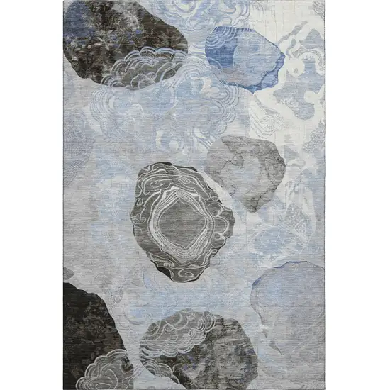 Sky Blue Charcoal And Ivory Geometric Washable Area Rug With UV Protection Photo 3