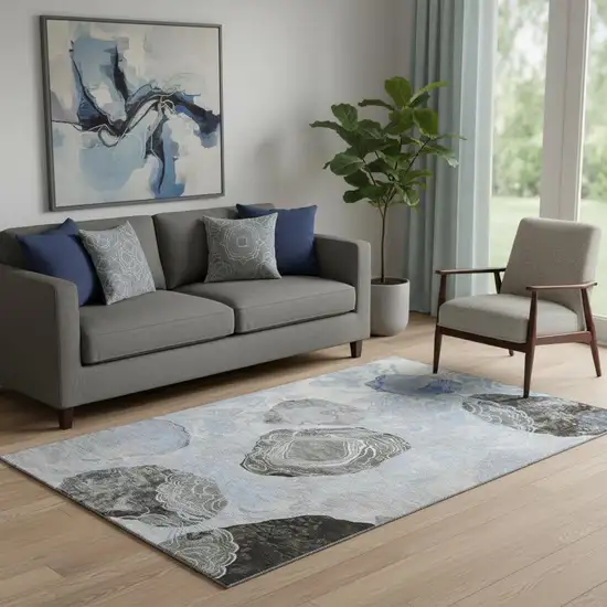 Sky Blue Charcoal And Ivory Geometric Washable Area Rug With UV Protection Photo 2