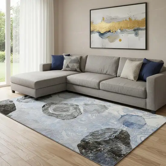 Sky Blue Charcoal And Ivory Geometric Washable Area Rug With UV Protection Photo 2