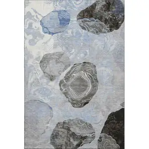 Photo of Sky Blue Charcoal And Ivory Geometric Washable Area Rug With UV Protection