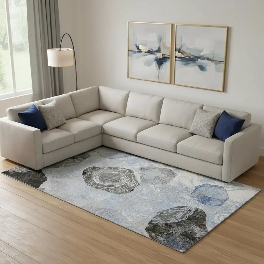 Sky Blue Charcoal And Ivory Geometric Washable Area Rug With UV Protection Photo 2