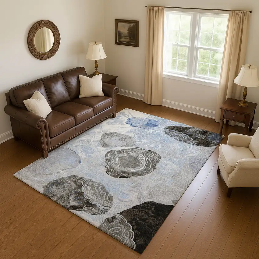 Sky Blue Charcoal And Ivory Geometric Washable Area Rug With UV Protection Photo 4