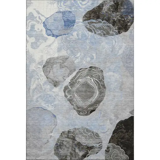 Sky Blue Charcoal And Ivory Geometric Washable Area Rug With UV Protection Photo 1