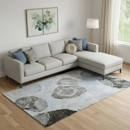 Sky Blue Charcoal And Ivory Geometric Washable Area Rug With UV Protection Photo 2