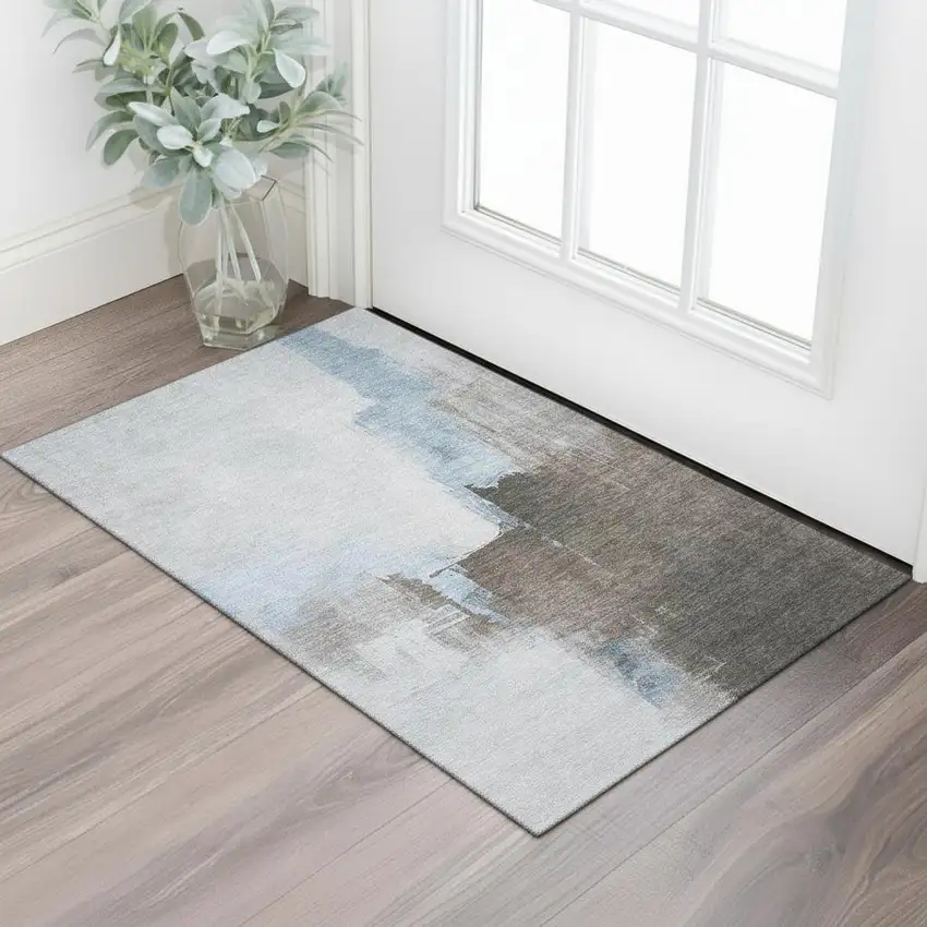 Sky Blue Chocolate And Taupe Abstract Washable Area Rug With UV Protection Photo 2