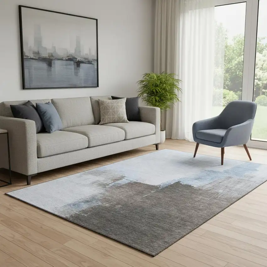 Sky Blue Chocolate And Taupe Abstract Washable Area Rug With UV Protection Photo 2