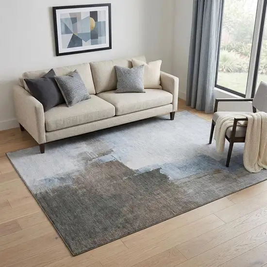 Sky Blue Chocolate And Taupe Abstract Washable Area Rug With UV Protection Photo 1