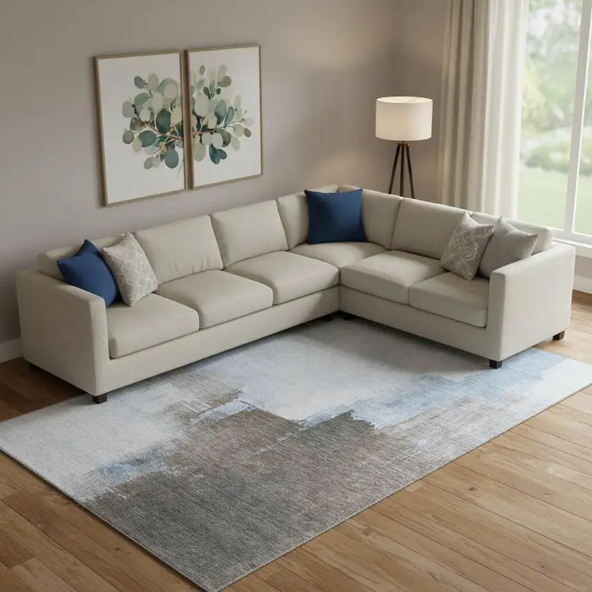 Sky Blue Chocolate And Taupe Abstract Washable Area Rug With UV Protection Photo 2