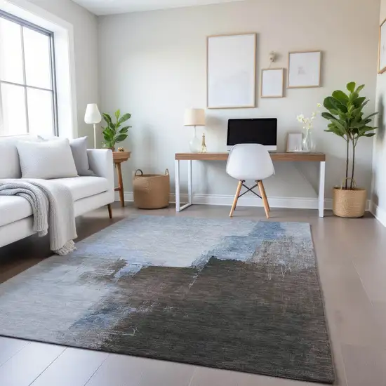 Sky Blue Chocolate And Taupe Abstract Washable Area Rug With UV Protection Photo 4