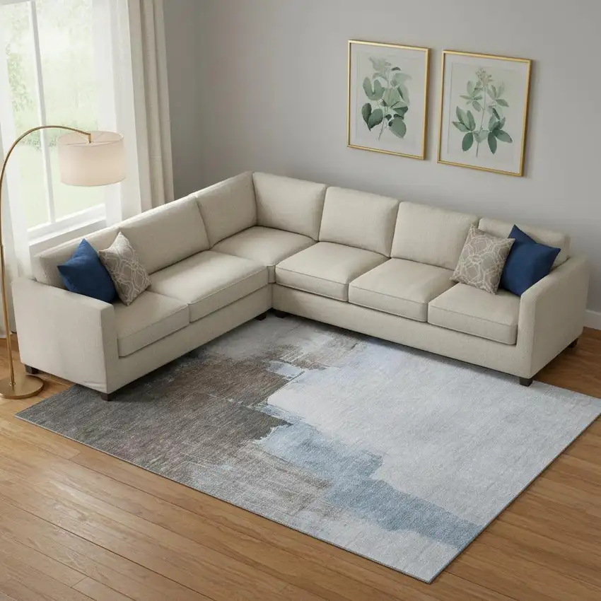 Sky Blue Chocolate And Taupe Abstract Washable Area Rug With UV Protection Photo 2