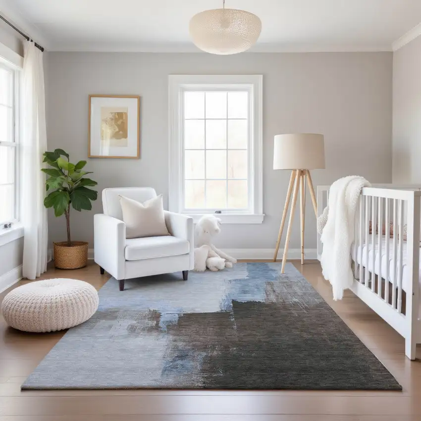 Sky Blue Chocolate And Taupe Abstract Washable Area Rug With UV Protection Photo 5