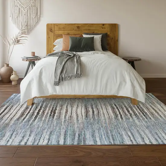 Sky Blue Coffee And Ivory Striped Washable Area Rug With UV Protection Photo 4