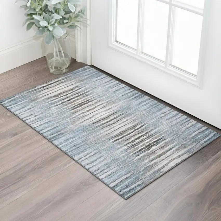 Sky Blue Coffee And Ivory Striped Washable Area Rug With UV Protection Photo 1