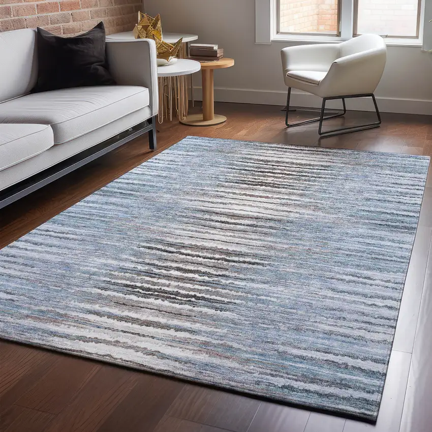 Sky Blue Coffee And Ivory Striped Washable Area Rug With UV Protection Photo 4