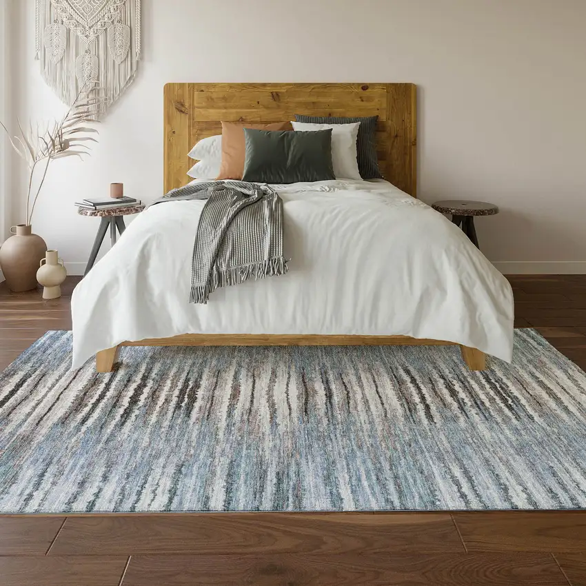 Sky Blue Coffee And Ivory Striped Washable Area Rug With UV Protection Photo 5