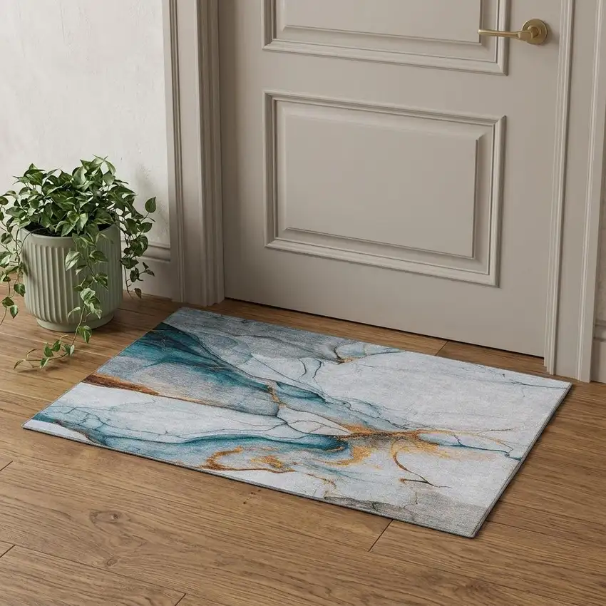 Sky Blue Copper And Ivory Abstract Washable Area Rug With UV Protection Photo 1