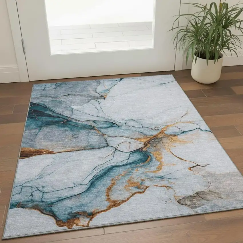 Sky Blue Copper And Ivory Abstract Washable Area Rug With UV Protection Photo 2