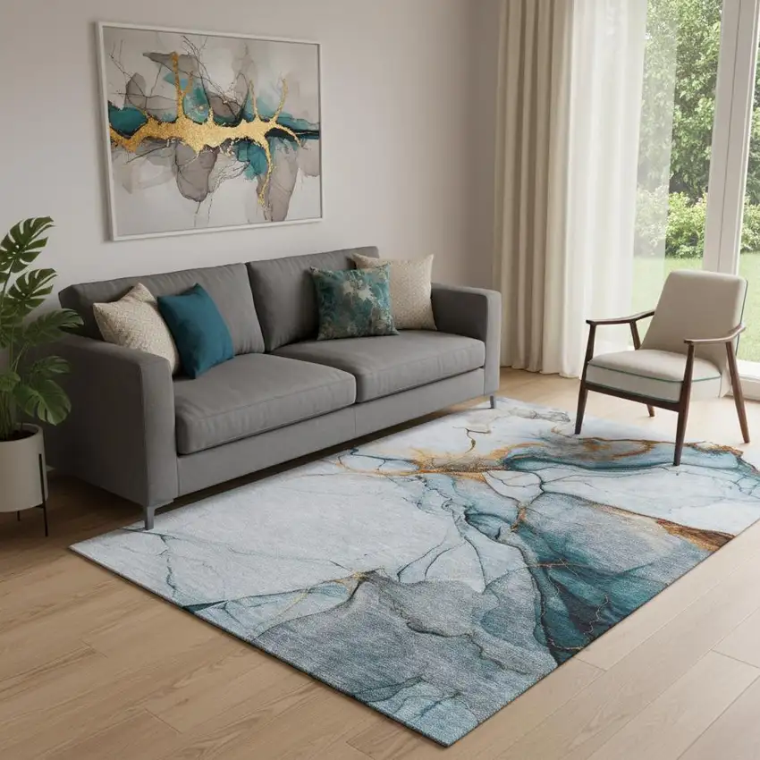 Sky Blue Copper And Ivory Abstract Washable Area Rug With UV Protection Photo 2