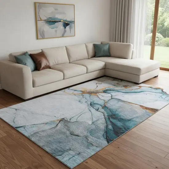 Sky Blue Copper And Ivory Abstract Washable Area Rug With UV Protection Photo 2