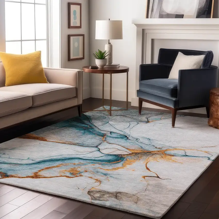 Sky Blue Copper And Ivory Abstract Washable Area Rug With UV Protection Photo 5