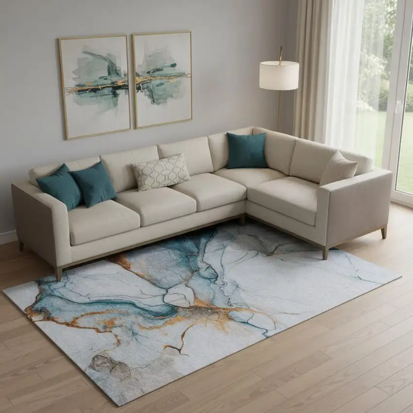 Sky Blue Copper And Ivory Abstract Washable Area Rug With UV Protection Photo 2