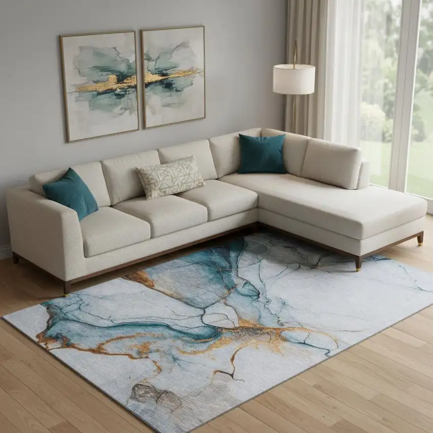 Sky Blue Copper And Ivory Abstract Washable Area Rug With UV Protection Photo 2