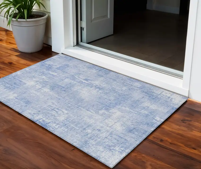 Sky Blue Denim Blue And Ivory Abstract Washable Indoor Outdoor Area Rug Photo 1