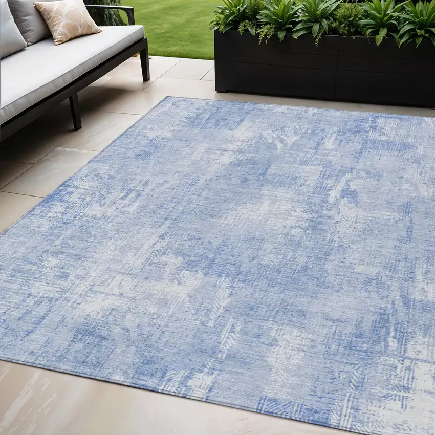 Sky Blue Denim Blue And Ivory Abstract Washable Indoor Outdoor Area Rug Photo 1