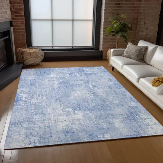 Sky Blue Denim Blue And Ivory Abstract Washable Indoor Outdoor Area Rug Photo 7