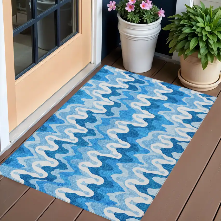 Sky Blue Denim Blue And Ivory Abstract Washable Indoor Outdoor Area Rug Photo 1