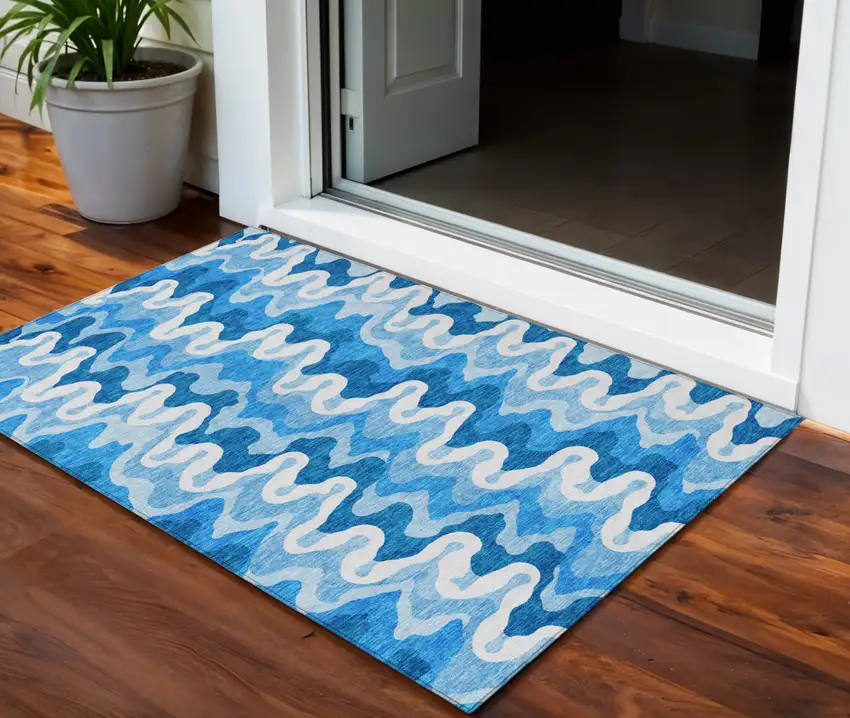 Sky Blue Denim Blue And Ivory Abstract Washable Indoor Outdoor Area Rug Photo 2
