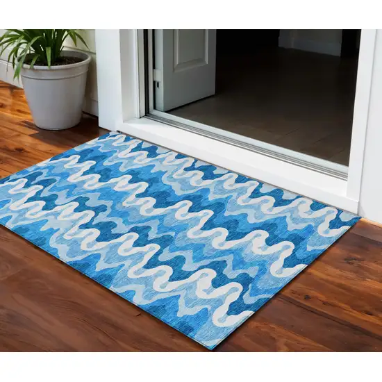 Sky Blue Denim Blue And Ivory Abstract Washable Indoor Outdoor Area Rug Photo 2