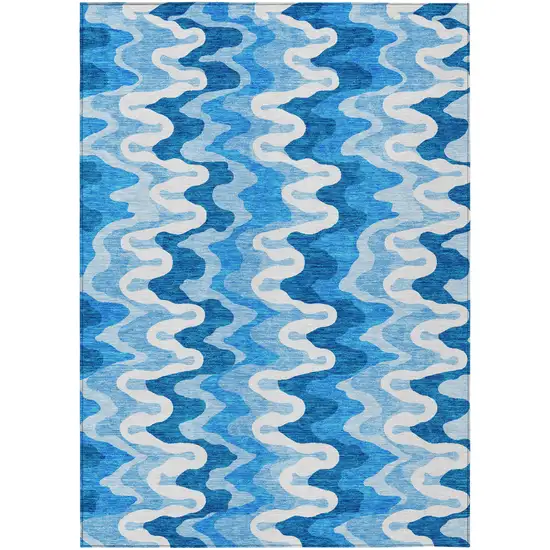 Sky Blue Denim Blue And Ivory Abstract Washable Indoor Outdoor Area Rug Photo 1
