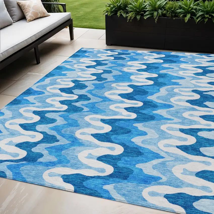 Sky Blue Denim Blue And Ivory Abstract Washable Indoor Outdoor Area Rug Photo 1
