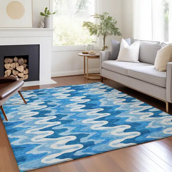 Sky Blue Denim Blue And Ivory Abstract Washable Indoor Outdoor Area Rug Photo 6