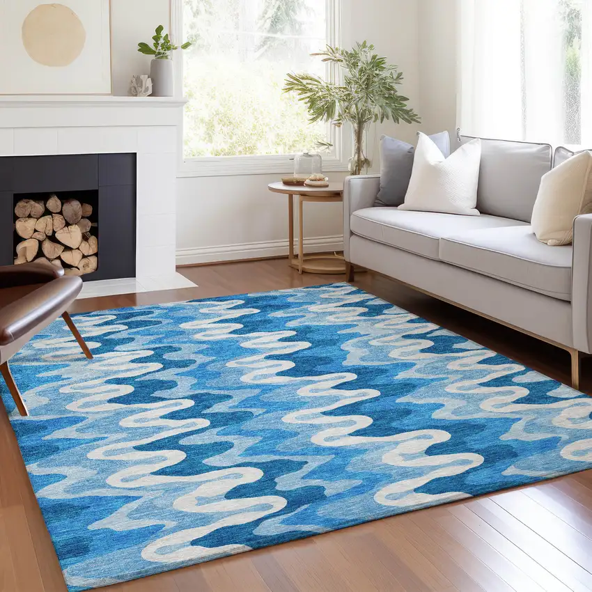 Sky Blue Denim Blue And Ivory Abstract Washable Indoor Outdoor Area Rug Photo 6